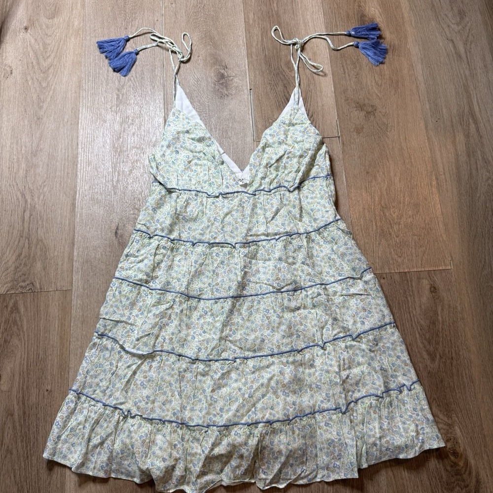 NEW Storia Floral Tiered Mini Dress Size Medium Green Blue Ruffle Cottagecore